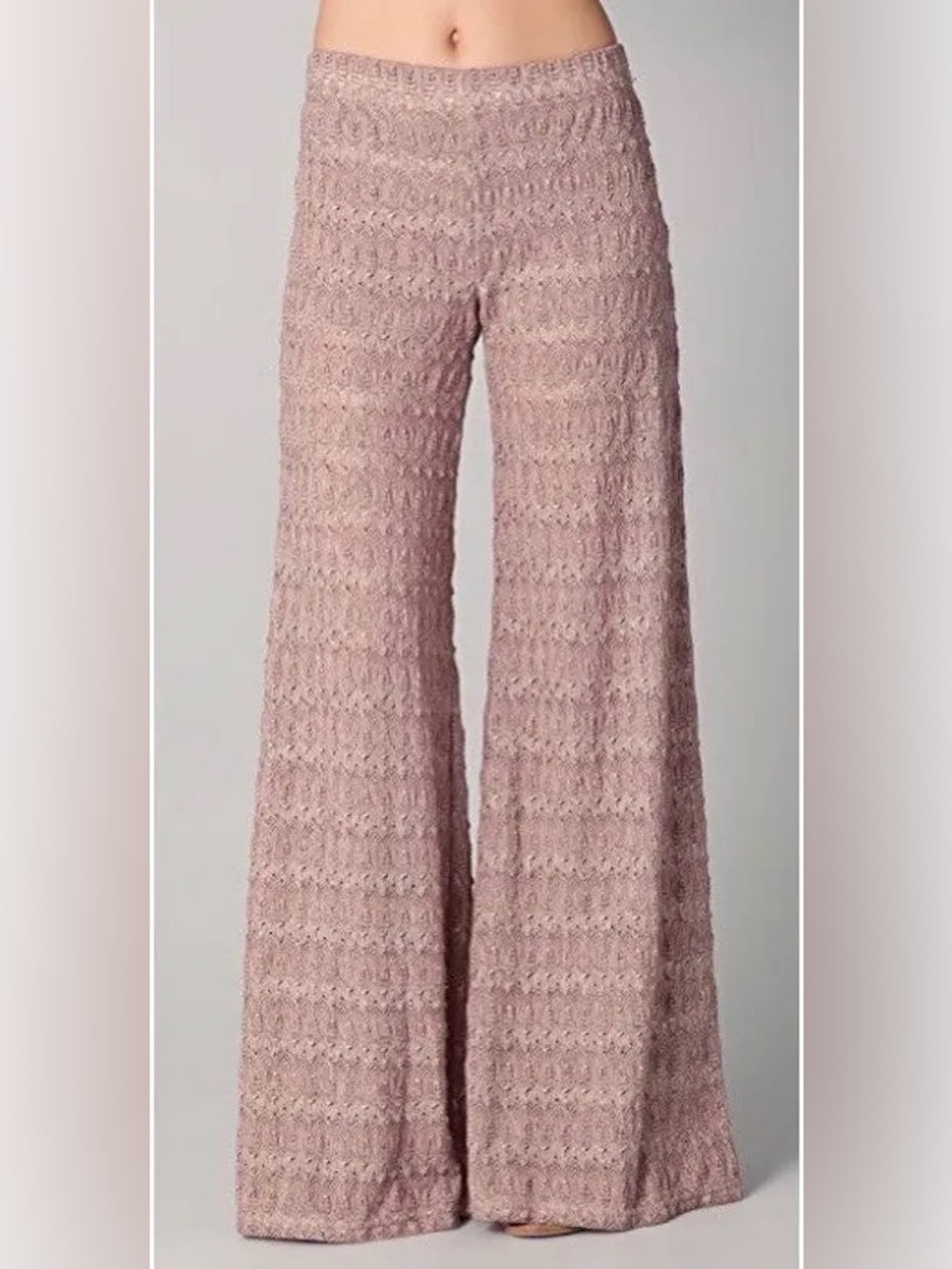 Free People Mauve Taupe Extreme Flare Knit Pants Crochet Boho Festival Size 6